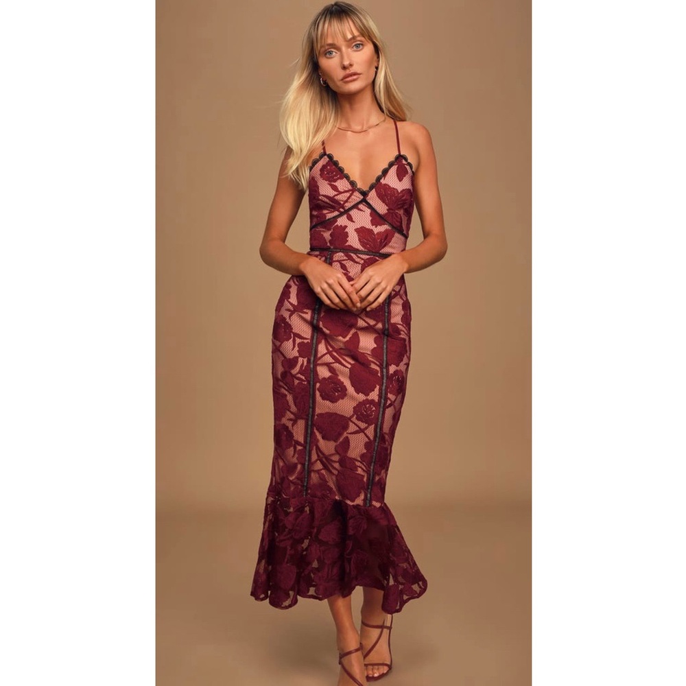 Lulus Burgundy Floral Mesh Lace Trumpet Midi Dress
